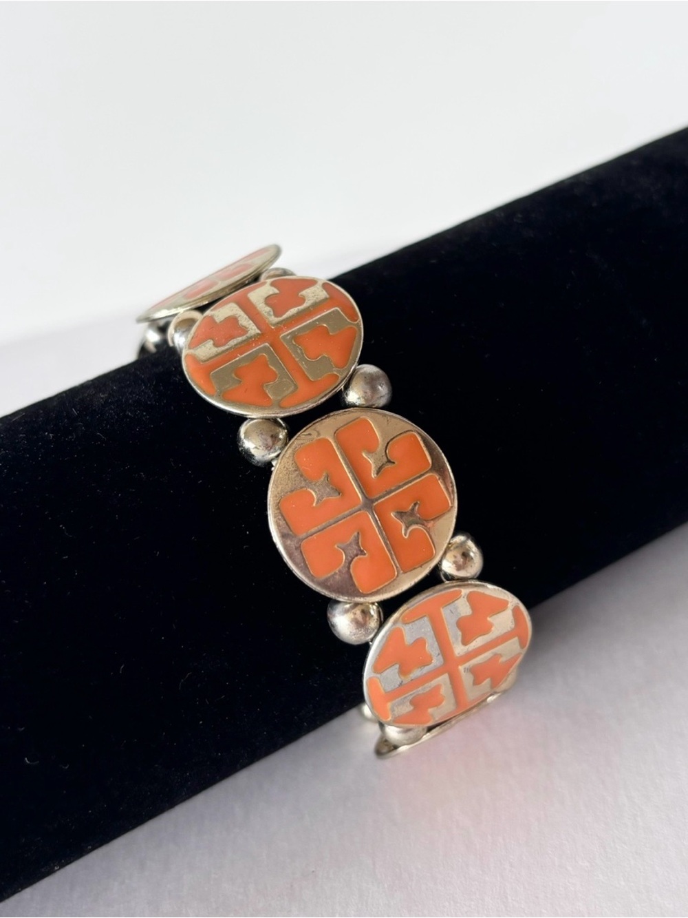 Gold Tone & Orange Enamel Round Link Stretch Bracelet